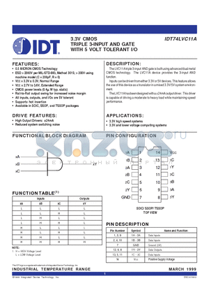 IDT74LVC11A datasheet - 3.3V CMOS TRIPLE 3-INPUT AND GATE WITH 5 VOLT TOLERANT I/O