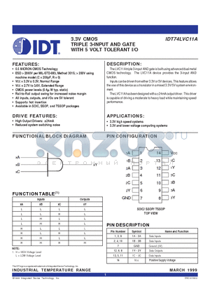 IDT74LVC11APY datasheet - 3.3V CMOS TRIPLE 3-INPUT AND GATE WITH 5 VOLT TOLERANT I/O