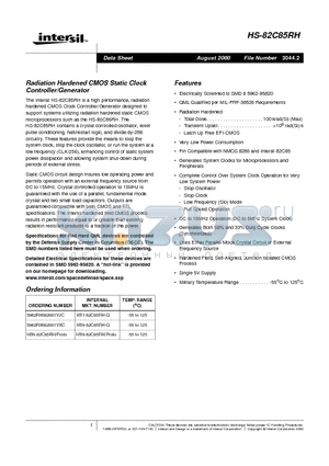 HS9-82C85RH-Q datasheet - Radiation Hardened CMOS Static Clock Controller/Generator