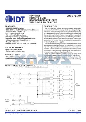 IDT74LVC138A datasheet - 3.3V CMOS 3-LINE TO 8-LINE DECODER/DEMULTIPLEXER WITH 5 VOLT TOLERANT I/O