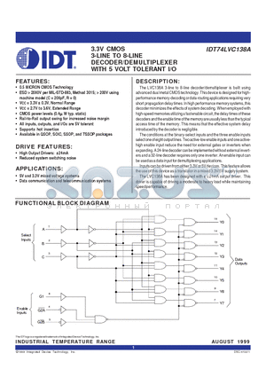 IDT74LVC138AQ datasheet - 3.3V CMOS 3-LINE TO 8-LINE DECODER/DEMULTIPLEXER WITH 5 VOLT TOLERANT I/O