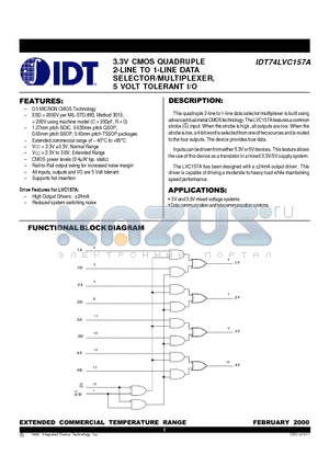 IDT74LVC157AQ datasheet - 3.3V CMOS QUAD 2-LINE TO 1-LINE DATA SELECTOR/MULTIPLEXER, 5 VOLT TOLERANT I/O