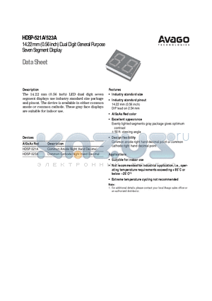 HDSP-521A datasheet - 14.22 mm (0.56 inch) Dual Digit General Purpose Seven Segment Display