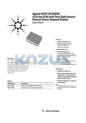 HDSP-521A-JK000 datasheet - 14.22 mm (0.56 inch) Dual Digit General Purpose Seven Segment Display