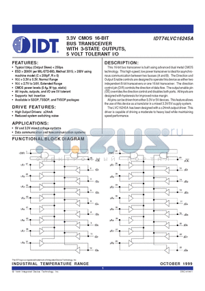 IDT74LVC16245A datasheet - 3.3V CMOS 16-BIT BUS TRANSCEIVER WITH 3-STATE OUTPUTS, 5 VOLT TOLERANT I/O