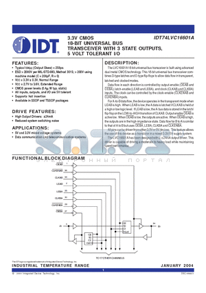 IDT74LVC16601A datasheet - 3.3V CMOS 18-BIT UNIVERSAL BUS TRANSCEIVER WITH 3 STATE OUTPUTS, 5 VOLT TOLERANT I/O