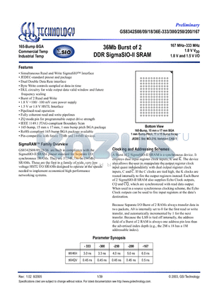 GS8342S18GE-333I datasheet - 36Mb Burst of 2 DDR SigmaSIO-II SRAM