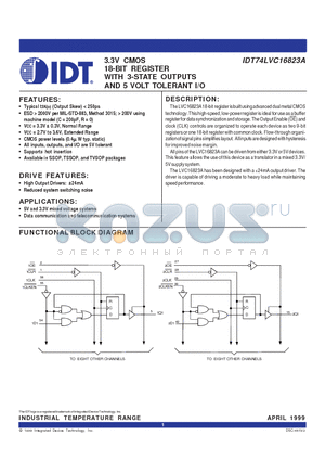 IDT74LVC16823A datasheet - 3.3V CMOS 18-BIT REGISTER WITH 3-STATE OUTPUTS AND 5 VOLT TOLERANT I/O