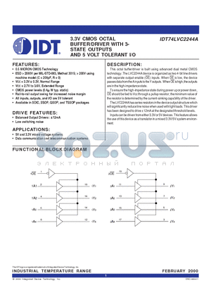 IDT74LVC2244ASO datasheet - 3.3V CMOS OCTAL BUFFER/DRIVER WITH 3- STATE OUTPUTS AND 5 VOLT TOLERANT I/O