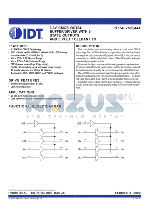 IDT74LVC2244APY datasheet - 3.3V CMOS OCTAL BUFFER/DRIVER WITH 3- STATE OUTPUTS AND 5 VOLT TOLERANT I/O