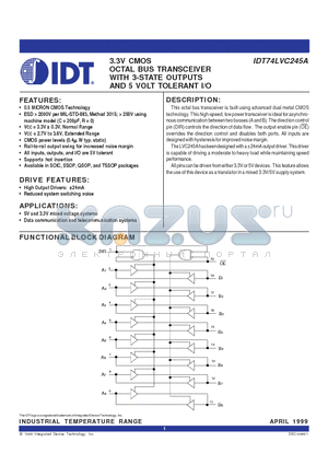 IDT74LVC245ASO datasheet - 3.3V CMOS OCTAL BUS TRANSCEIVER WITH 3-STATE OUTPUTS AND 5 VOLT TOLERANT I/O