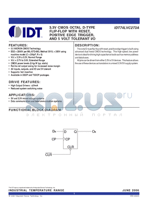 IDT74LVC273APYG datasheet - 3.3V CMOS OCTAL D-TYPE FLIP-FLOP WITH RESET, POSITIVE EDGE TRIGGER,AND 5 VOLT TOLERANT I/O