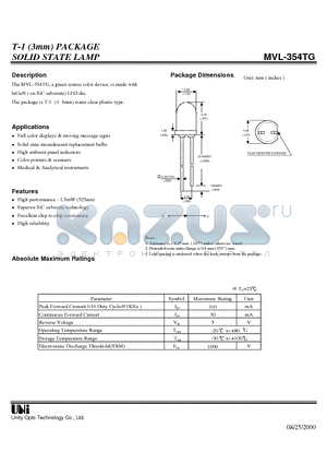 MVL-354TG datasheet - T-1 (3mm) PACKAGE SOLID STATE LAMP