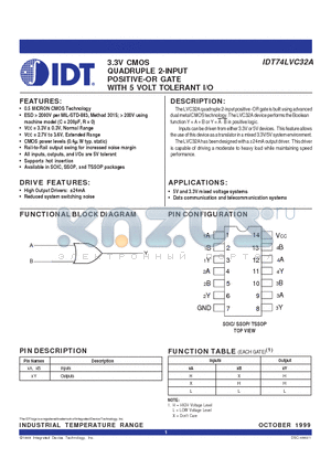 IDT74LVC32APG datasheet - 3.3V CMOS QUADRUPLE 2-INPUT POSITIVE-OR GATE WITH 5 VOLT TOLERANT I/O