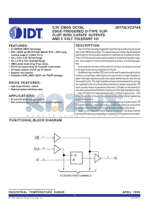 IDT74LVC374A datasheet - 3.3V CMOS OCTAL EDGE-TRIGGERED D-TYPE FLIP-FLOP WITH 3-STATE OUTPUTS AND 5 VOLT TOLERANT I/O