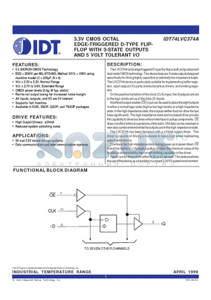 IDT74LVC374ASO datasheet - 3.3V CMOS OCTAL EDGE-TRIGGERED D-TYPE FLIP-FLOP WITH 3-STATE OUTPUTS AND 5 VOLT TOLERANT I/O