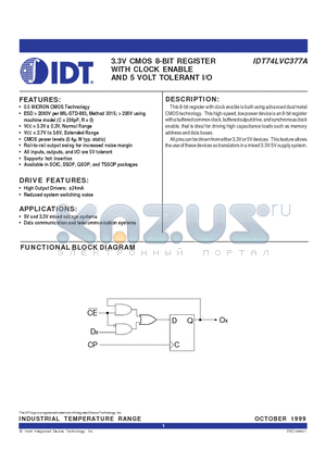 IDT74LVC377AQ datasheet - 3.3V CMOS 8-BIT REGISTER WITH CLOCK ENABLE AND 5 VOLT TOLERANT I/O