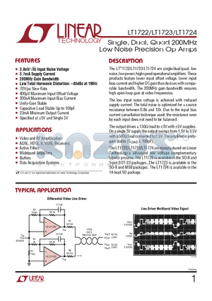 LT1722CS5 datasheet - Single, Dual, Quad 200MHz Low Noise Precision Op Amps