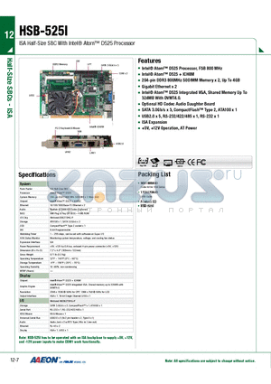 HSB-525I datasheet - ISA Half-Size SBC With Intel Atom D525 Processor