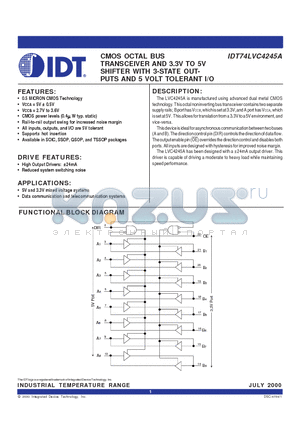 IDT74LVC4245A datasheet - CMOS OCTAL BUS TRANSCEIVER AND 3.3V TO 5V SHIFTER WITH 3-STATE OUT-PUTS AND 5 VOLT TOLERANT I/O