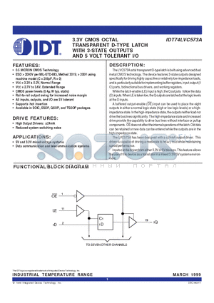 IDT74LVC573A datasheet - 3.3V CMOS OCTAL TRANSPARENT D-TYPE LATCH WITH 3-STATE OUTPUTS AND 5 VOLT TOLERANT I/O