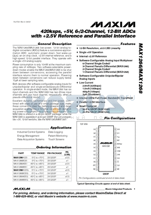 MAX1268ACEG datasheet - 420ksps, 5V, 6-/2-Channel, 12-Bit ADCs with 2.5V Reference and Parallel Interface