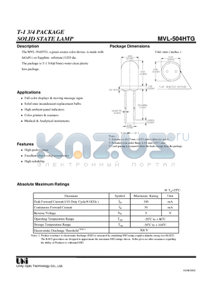 MVL-504HTG datasheet - T-1 3/4 PACKAGE SOLID STATE LAMP