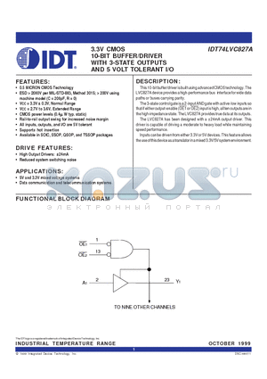 IDT74LVC827A datasheet - 3.3V CMOS 10-BIT BUFFER/DRIVER WITH 3-STATE OUTPUTS AND 5 VOLT TOLERANT I/O