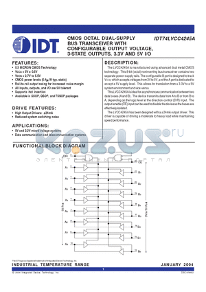 IDT74LVCC4245AQ datasheet - CMOS OCTAL DUAL-SUPPLY BUS TRANSCEIVER WITH CONFIGURABLE OUTPUT VOLTAGE, 3-STATE OUTPUTS, 3.3V AND 5V I/O