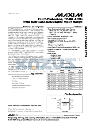 MAX1273EPA datasheet - Fault-Protected, 12-Bit ADCs with Software-Selectable Input Range