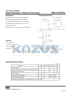 MVL-514TUYL datasheet - High Performance AlInGaP LED Lamps