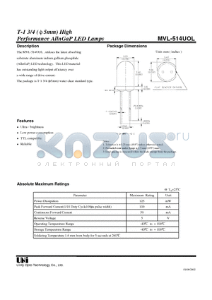 MVL-514UOL datasheet - Performance AllnGaP LED Lamps