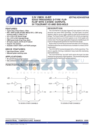IDT74LVCH16374APA datasheet - 3.3V CMOS 16-BIT EDGE-TRIGGERED D-TYPE FLIPFLOP WITH 3-STATE OUTPUTS, 5V TOLERANT I/O AND BUS-HOLD