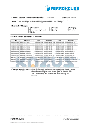 FO3_2011 datasheet - SMD beads (BDS) manufacturing location and 12NC change