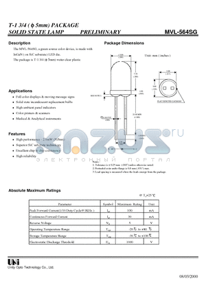 MVL-564SG datasheet - T-1 3/4 ( f 5mm) PACKAGE SOLID STATE LAMP PRELIMINARY