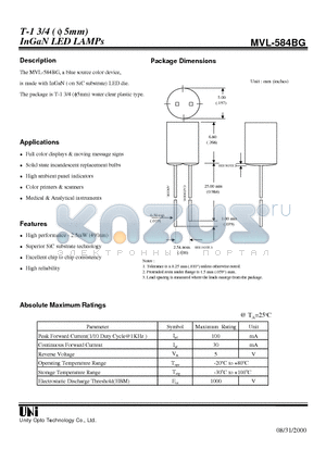 MVL-584BG datasheet - T-1 3/4 ( f 5mm) InGaN LED LAMPs