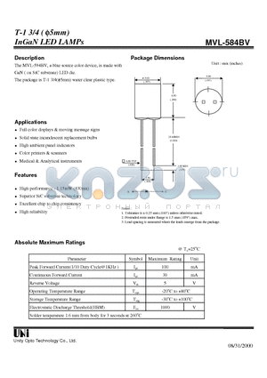 MVL-584BV datasheet - T-1 3/4 ( f5mm) InGaN LED LAMPs