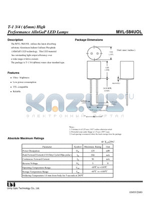 MVL-584UOL datasheet - T-1 3/4 ( f5mm) High Performance AllnGaP LED Lamps