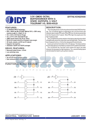 IDT74LVCH2244APG datasheet - 3.3V CMOS OCTAL BUFFER/DRIVER WITH 3- STATE OUTPUTS, 5 VOLT TOLERANT I/O, BUS-HOLD