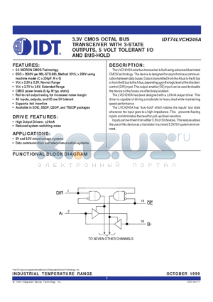 IDT74LVCH245APG datasheet - 3.3V CMOS OCTAL BUS TRANSCEIVER WITH 3-STATE OUTPUTS, 5 VOLT TOLERANT I/O AND BUS-HOLD