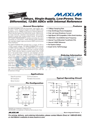 MAX1278 datasheet - 1.8Msps, Single-Supply, Low-Power, True- Differential, 12-Bit ADCs with Internal Reference