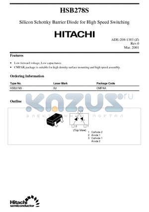 HSB278S datasheet - Silicon Schottky Barrier Diode for High Speed Switching
