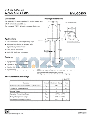 MVL-5C4SG datasheet - T-1 3/4 ( f5mm) InGaN LED LAMPs