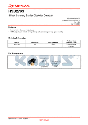 HSB278S datasheet - Silicon Schottky Barrier Diode for Detector