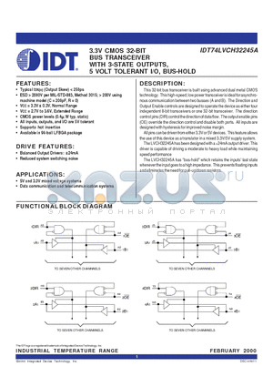 IDT74LVCH32245A datasheet - 3.3V CMOS 32-BIT BUS TRANSCEIVER WITH 3-STATE OUTPUTS, 5 VOLT TOLERANT I/O, BUS-HOLD