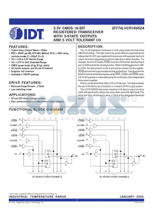 IDT74LVCR16952A datasheet - 3.3V CMOS 16-BIT REGISTERED TRANSCEIVER WITH 3-STATE OUTPUTS AND 5 VOLT TOLERANT I/O