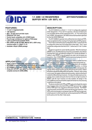 IDT74SSTU32864 datasheet - 1:1 AND 1:2 REGISTERED BUFFER WITH 1.8V SSTL I/O