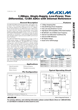 MAX1277AETC-T datasheet - 1.5Msps, Single-Supply, Low-Power, True-Differential, 12-Bit ADCs with Internal Reference