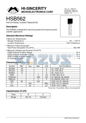 HSB562 datasheet - PNP EPITAXIAL PLANAR TRANSISTOR