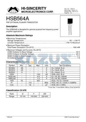 HSB564A datasheet - PNP EPITAXIAL PLANAR TRANSISTOR